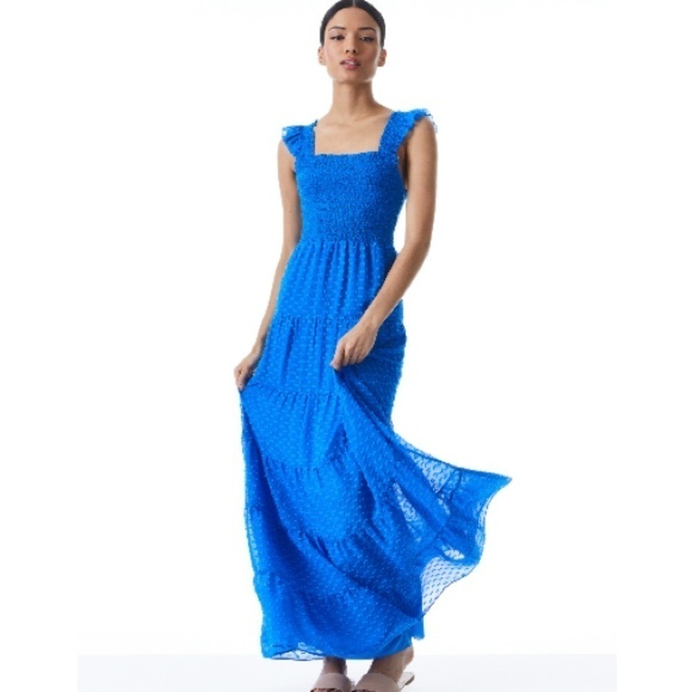Alice+Olivia KIZZIE SMOCKED FLUTTER SLEEVE TIERED MAXI DRESS SZ 2 Blue Feminine - Picture 2 of 16